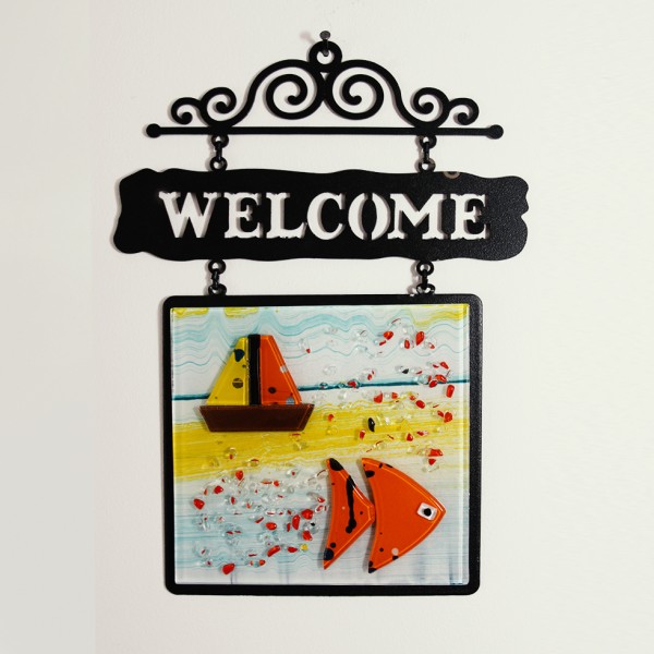 Motiv 1 Wanddeko Welcome Größe M schwarz mit Fisch und Segelboot