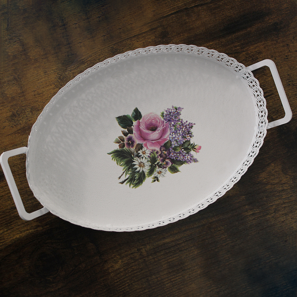 Serviertablett Blumenstrauß aus Metall Vintage-Style 3er-Set oval Tablett 