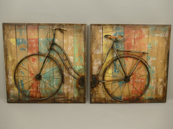 3D Bild Holzbild mit Metall Fahrrad Metallbild Wandbild 2 teilig L:120x60cm